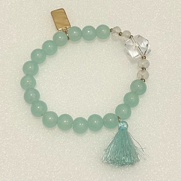 Vintage Mint Green 10mm Bead Stretch Bracelet With A Hand Of Fatima Charm 8” - Picture 4 of 7